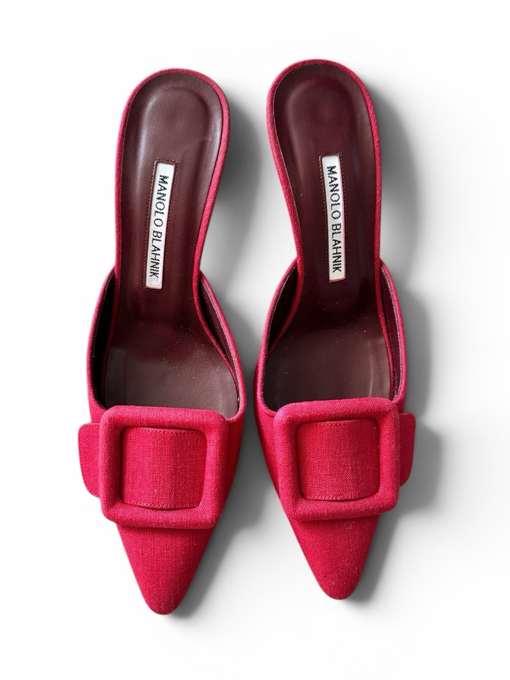 Manolo Blahnik Red  Mules Fabric Pointed Mule with Buckle Accent 37